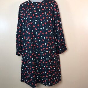 Ann Taylor Navy Blue Red White Cherry Print Shift Dress Women L NEW